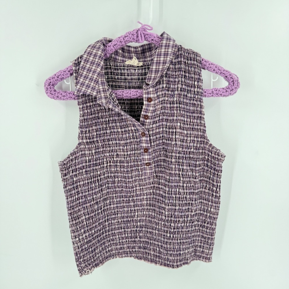 Anthropologie Pilcro Smocked Plaid Top Purple Medium Sleeveless Coquette Cottage